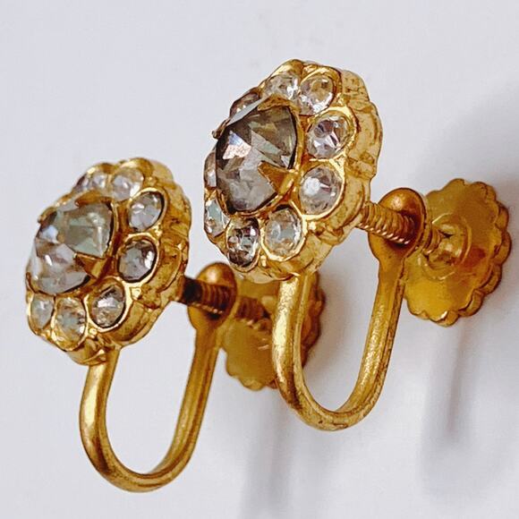 Vintage Coro Signed 1940s Rhinestone Screw Back Earrings Mid Century Gold Tone - Picture 3 of 14